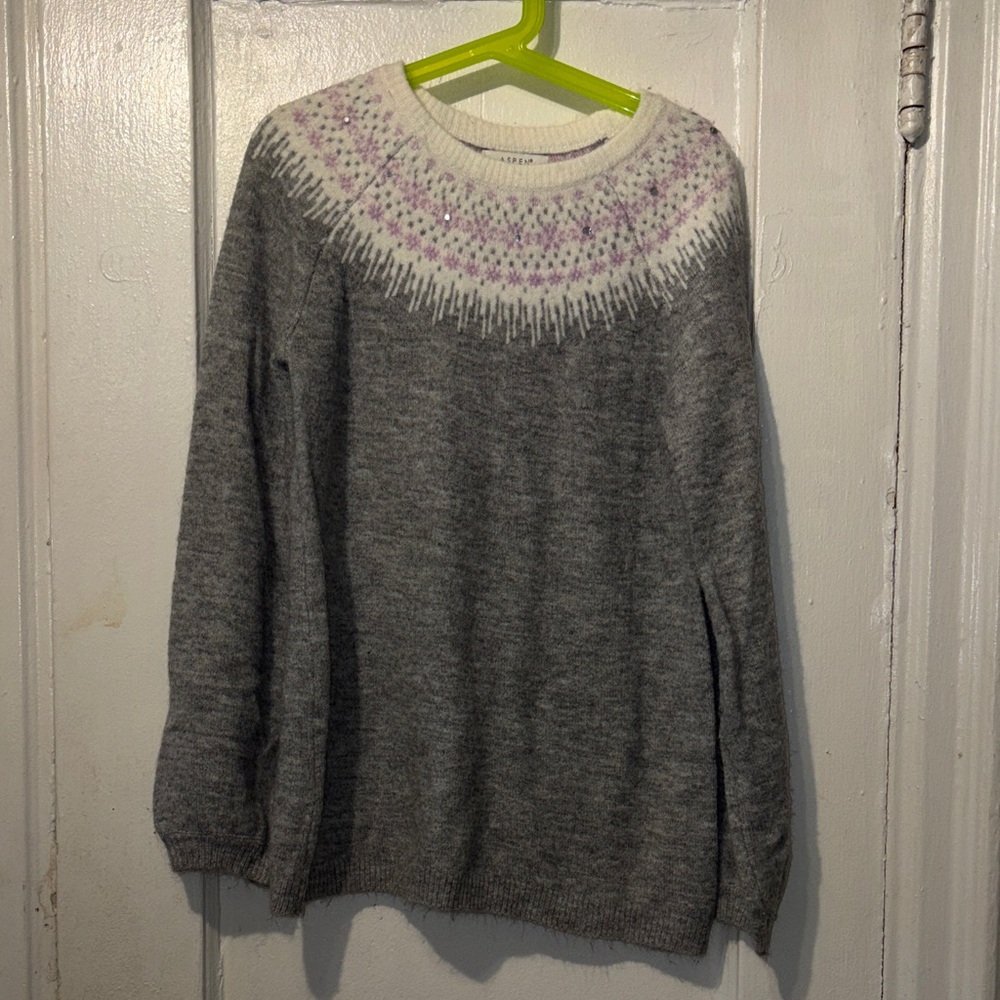 Girls' Gray Fair Isle Yoke Crewneck Sweater - Aspen